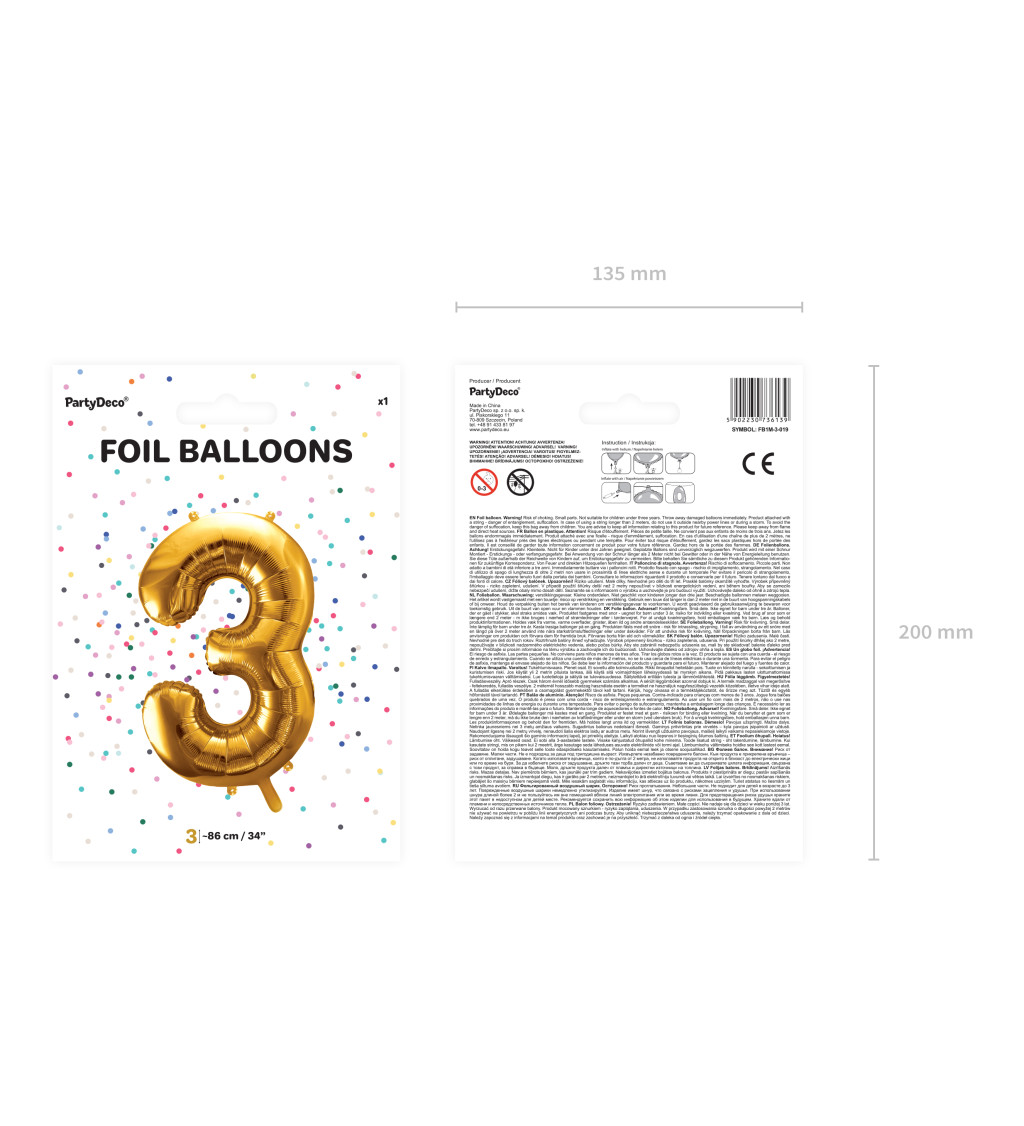 Fóliový balónek zlatý - číslo 3 (86cm)