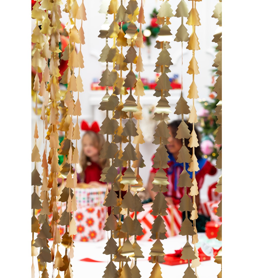 Dekorační závěs - Vánoční stromečky - zlaté