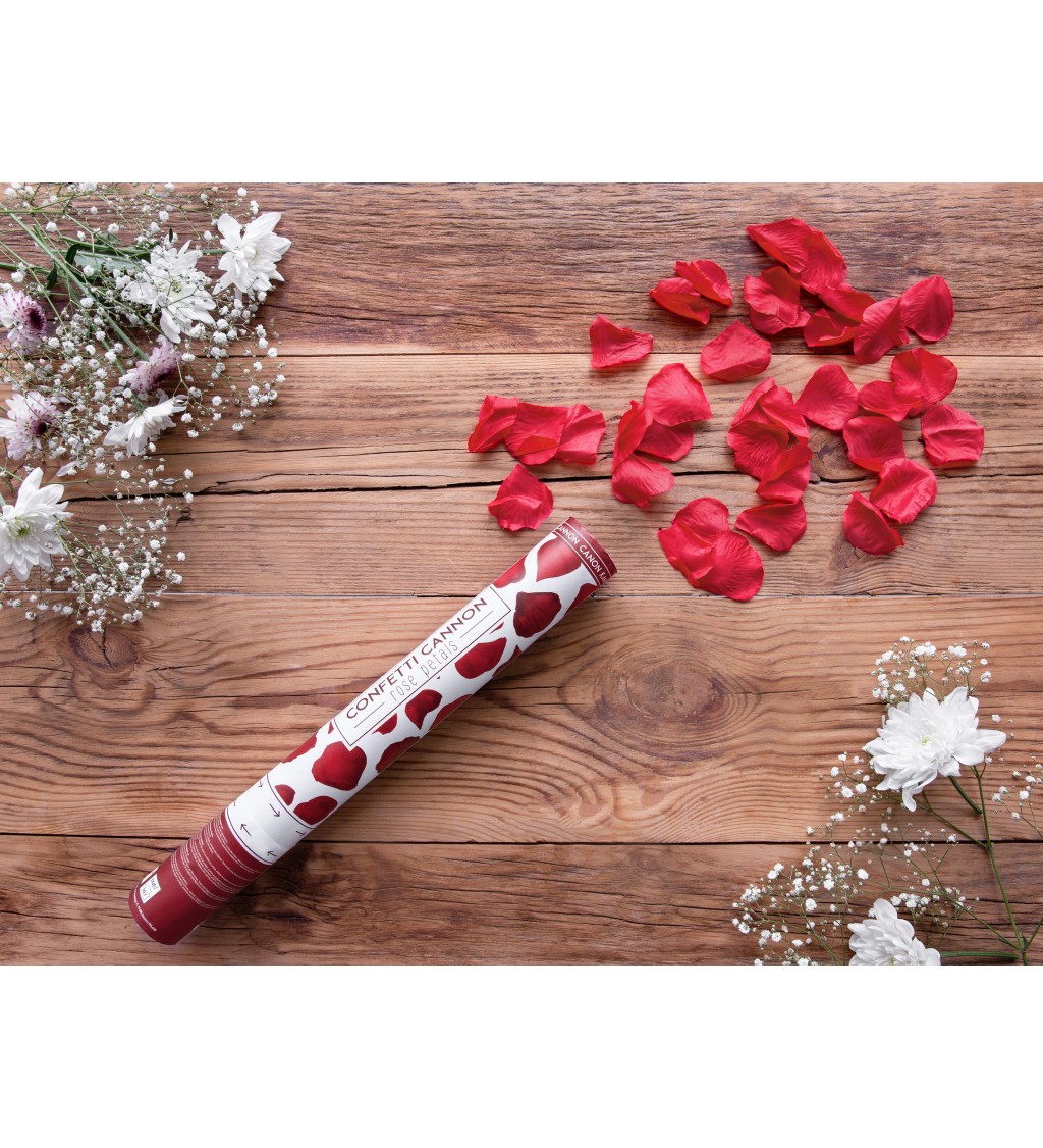 Vystřelovací konfety - červené plátky růží, 40 cm