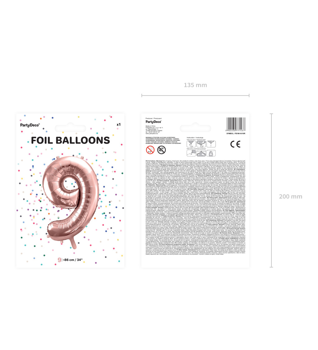 Fóliový balónek rosegold - číslo 9 (86cm)