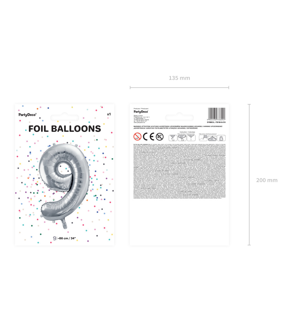 Fóliový balónek stříbrný - číslo 9