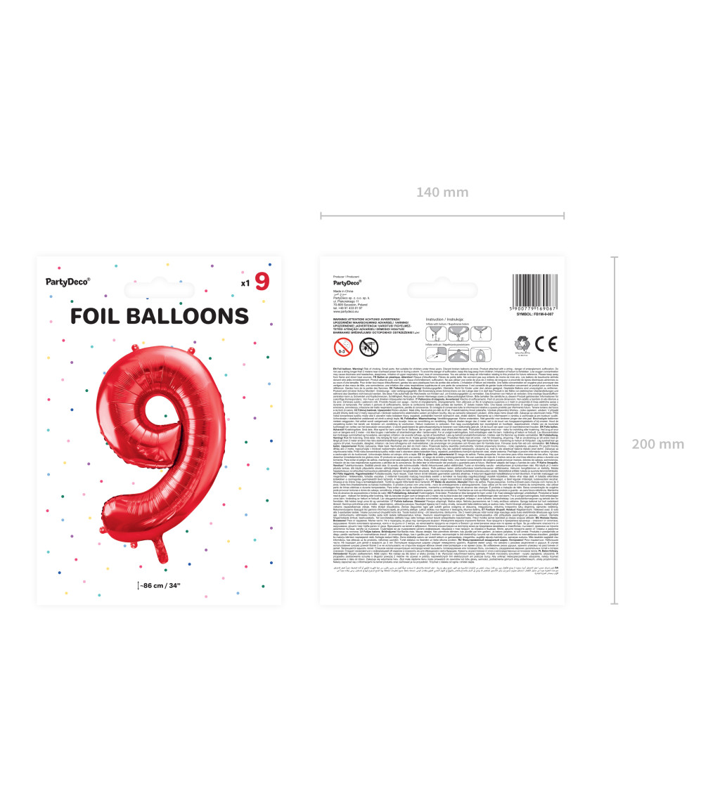 Fóliový balónek červený - číslo 9 (86cm)