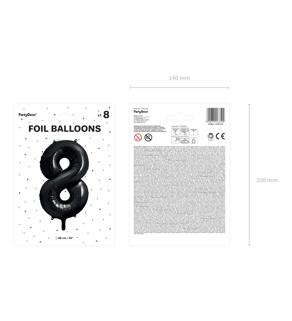 Fóliový balónek černý - číslo 8 (86cm)