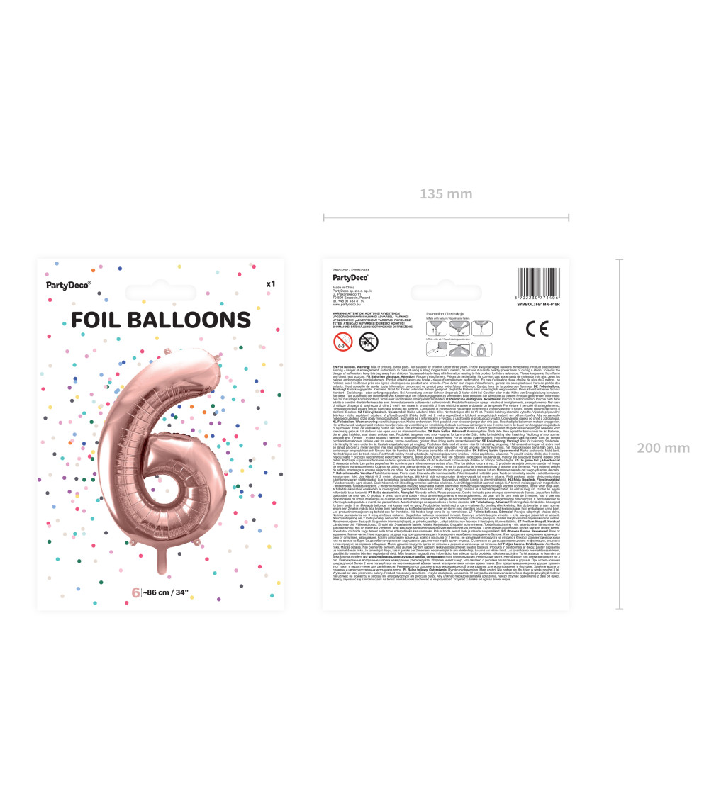 Fóliový balónek rosegold - číslo 6