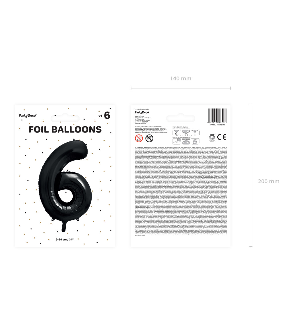 Fóliový balónek černý - číslo 6 (86cm)