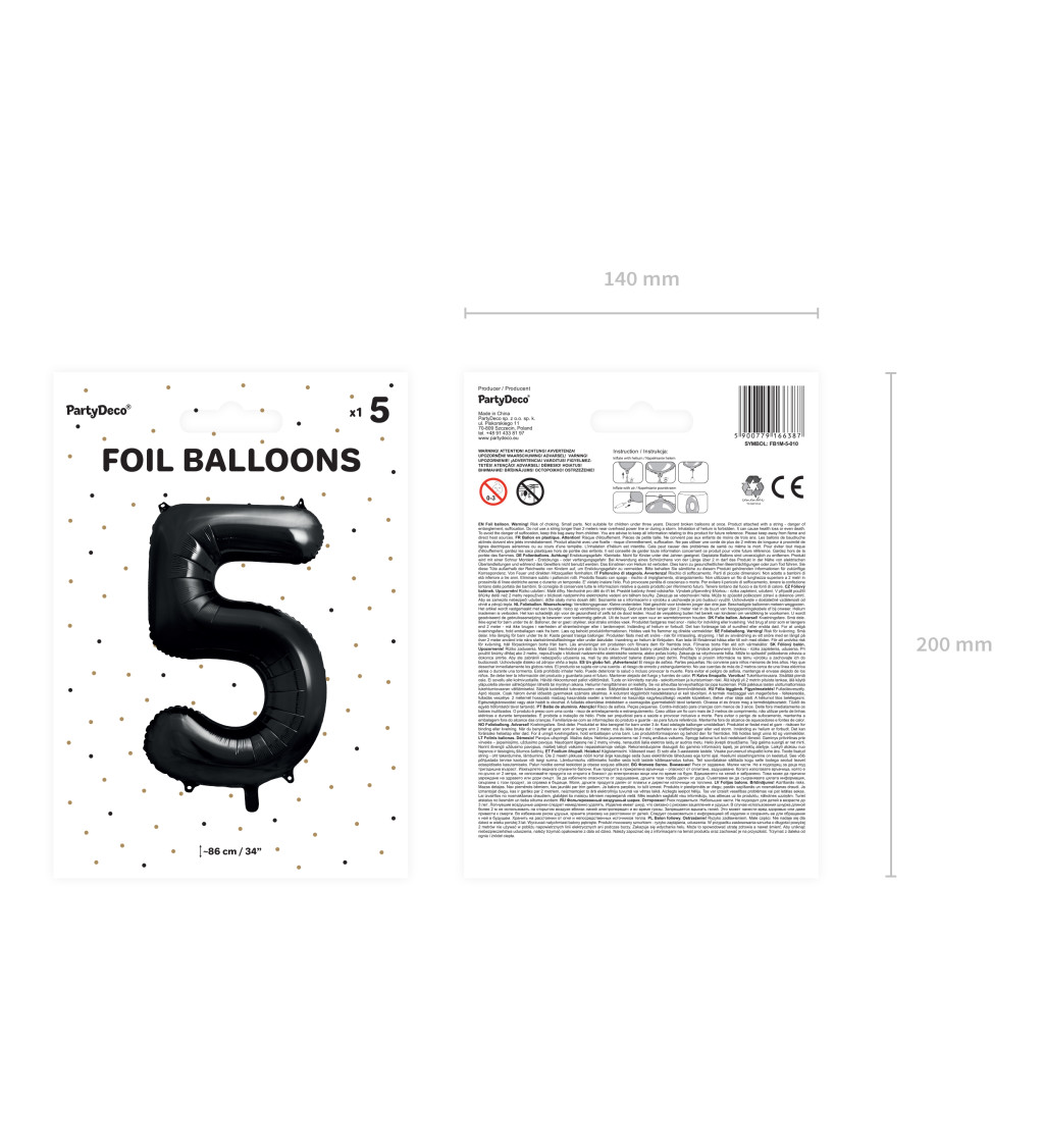 Fóliový balónek černý - číslo 5 (86cm)