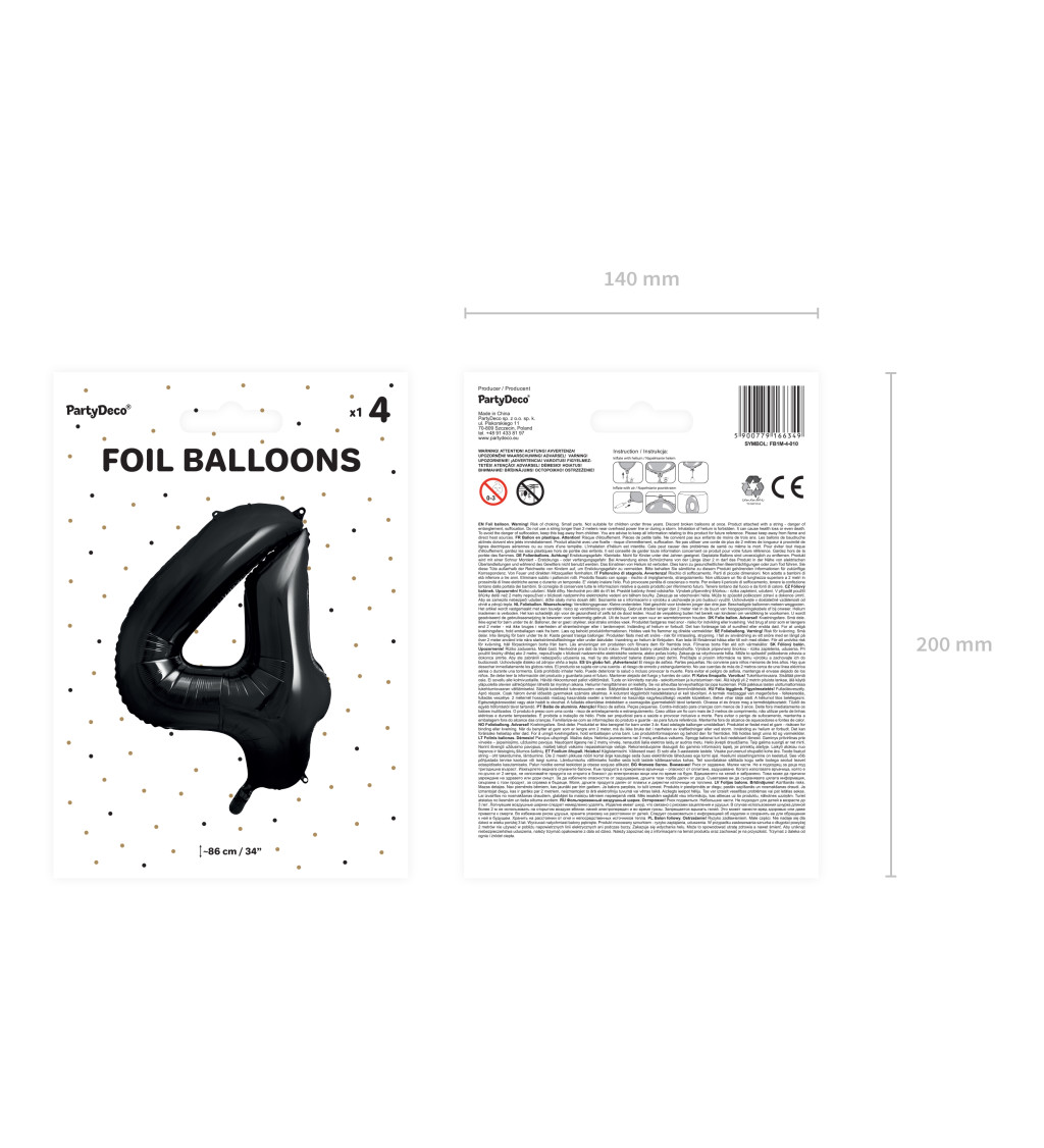 Fóliový balónek černý - číslo 4 (86cm)