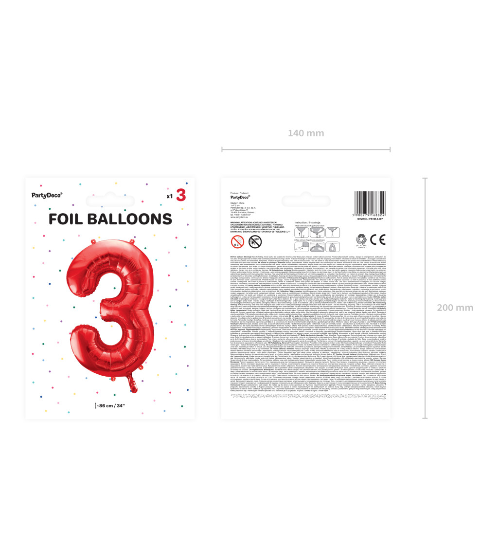 Fóliový balónek červený - číslo 3 (86cm)
