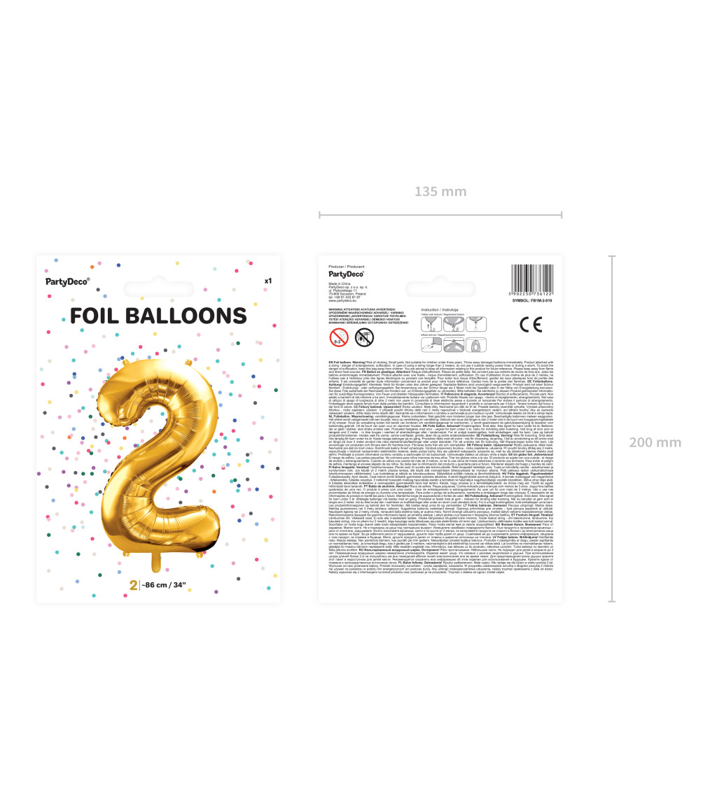 Fóliový balónek zlatý - číslo 2 (86cm)
