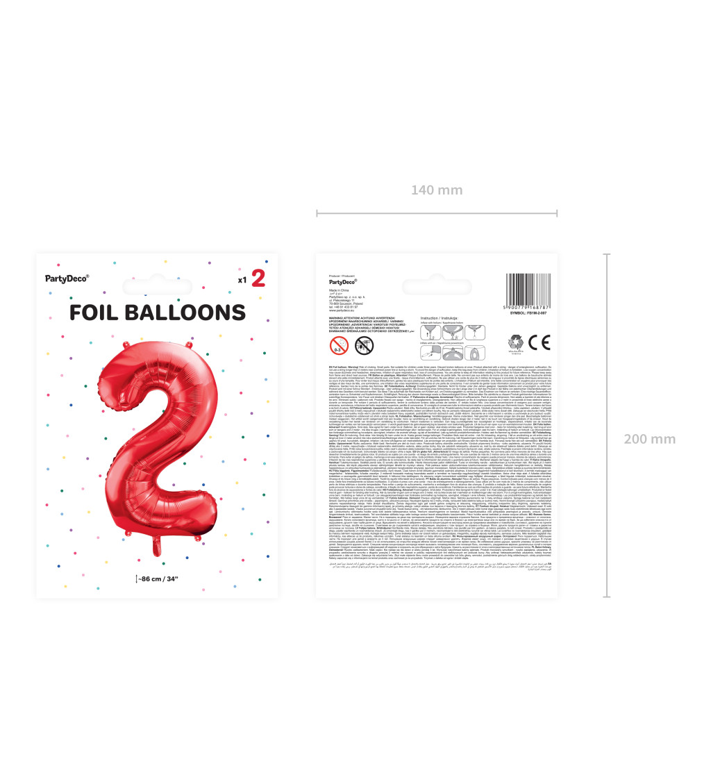 Fóliový balónek červený - číslo 2 (86cm)