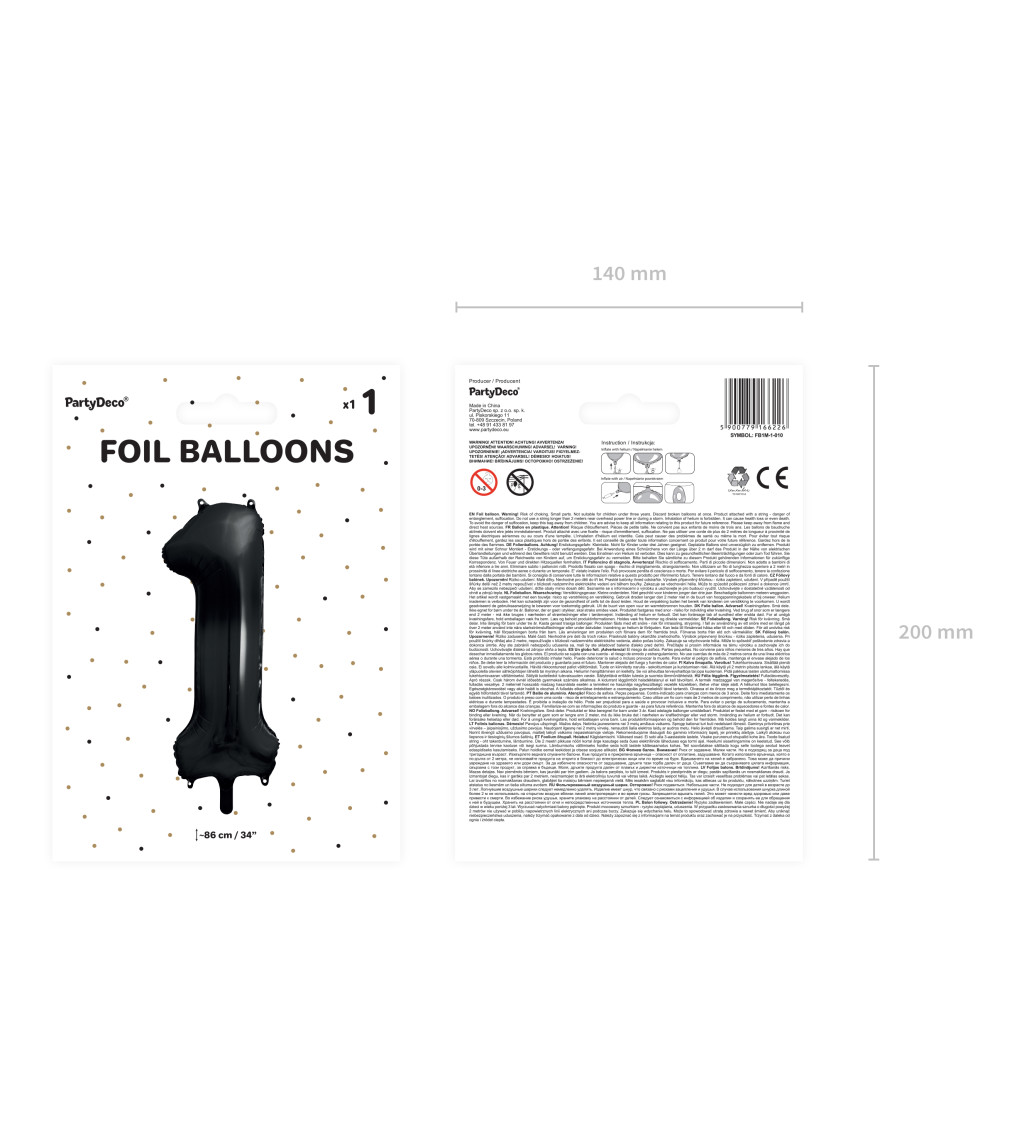 Fóliový balónek černý - číslo 1 (86cm)