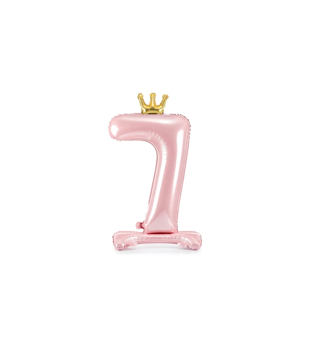 Fóliový balónek sv. růžový s korunkou a podstavcem - číslo 7