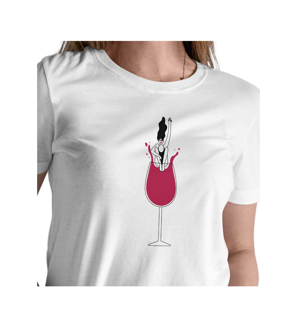 Dámské triko bílé - Sklenice vína skok