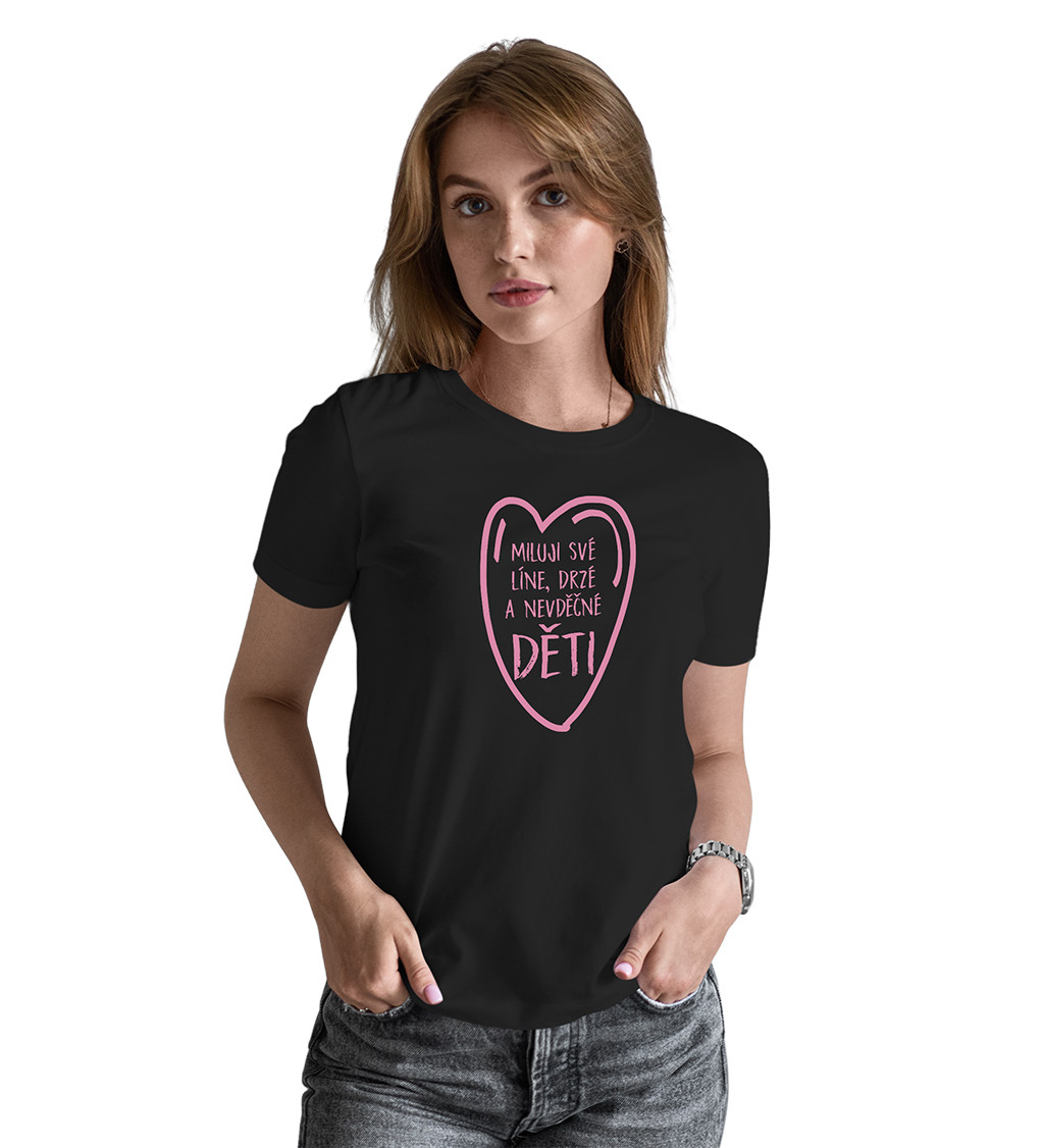 Dámské triko černé - Miluji své děti růžové srdce