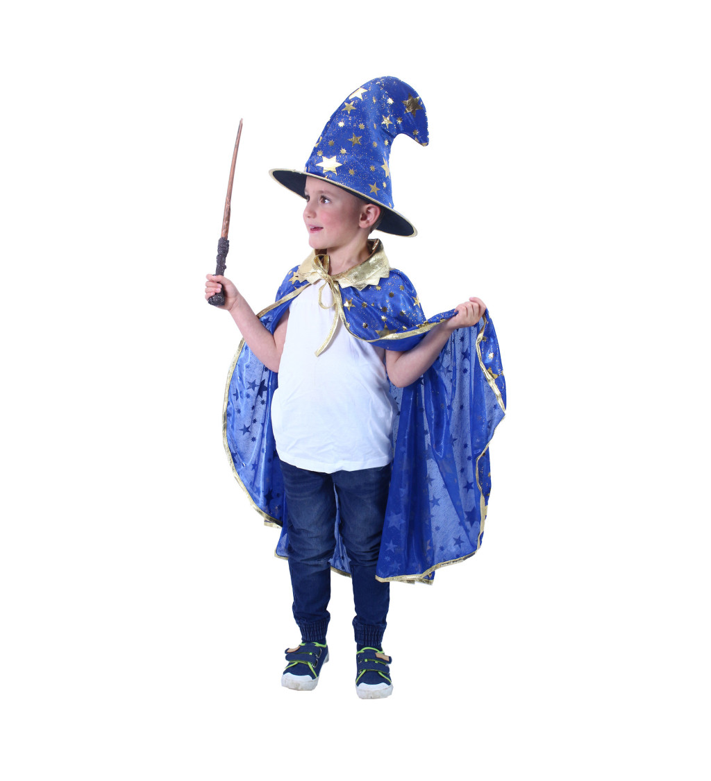 Dětský modrý plášť a klobouk - čaroděj