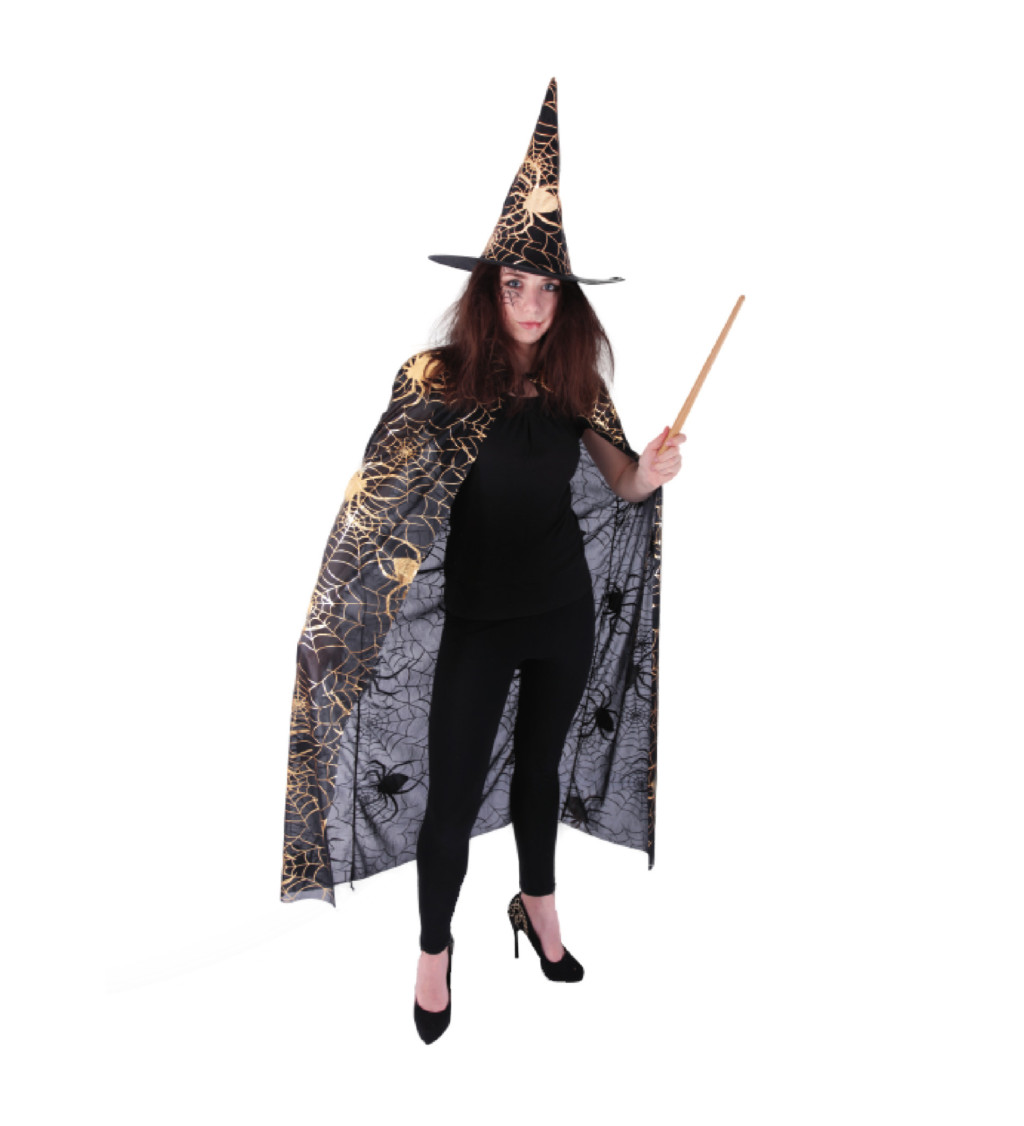 Čarodějnický plášť a klobouk - set, zlaté pavučiny