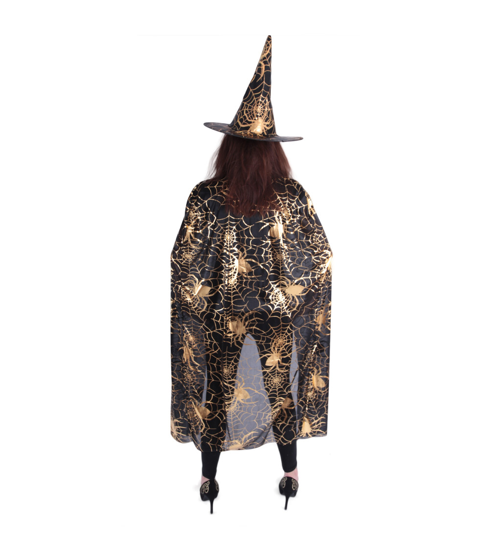 Čarodějnický plášť a klobouk - set, zlaté pavučiny