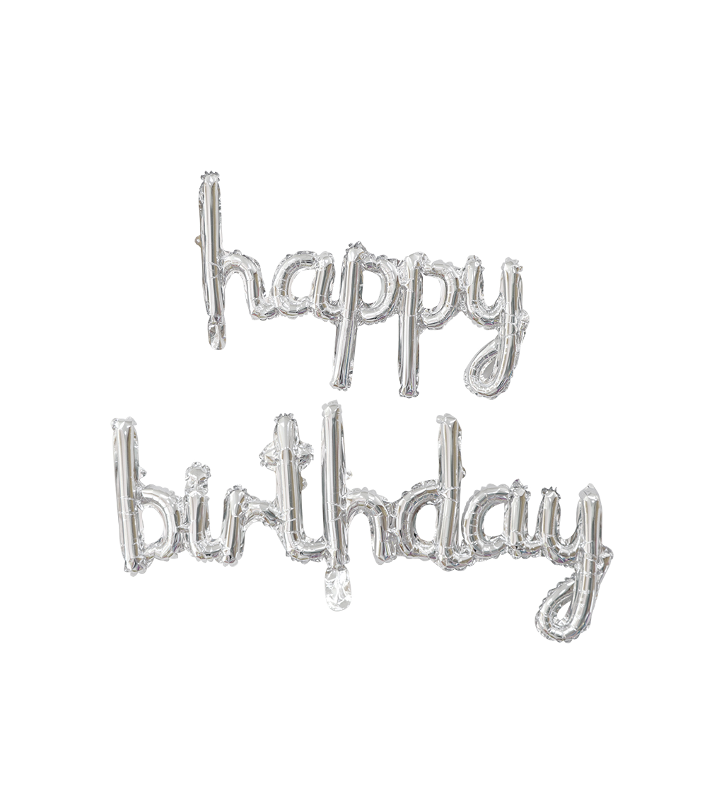Fóliový balónek – Happy Birthday nápis stříbrný