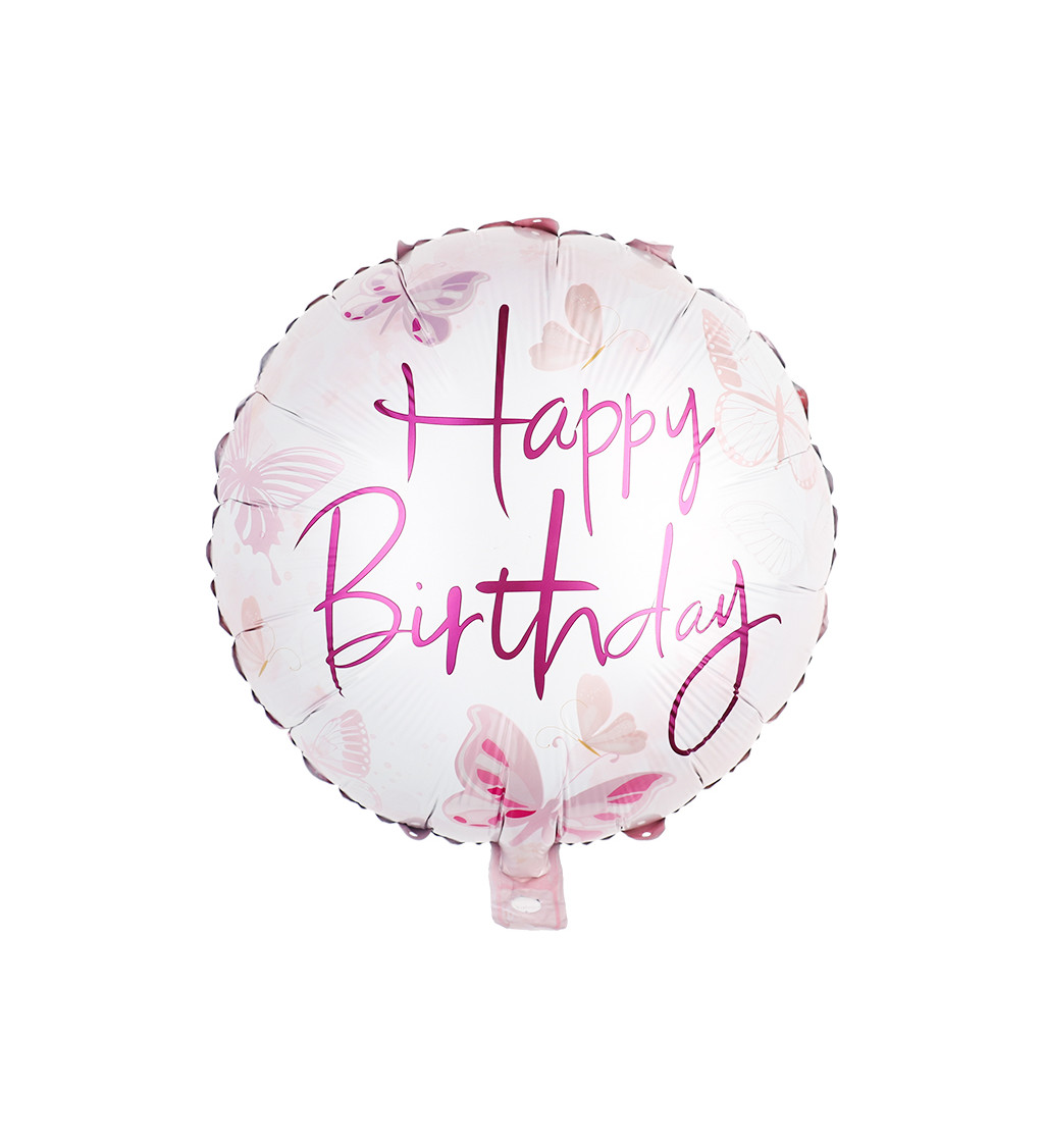 Fóliový balónek – Happy Birthday motýlci, růžový, 45 cm