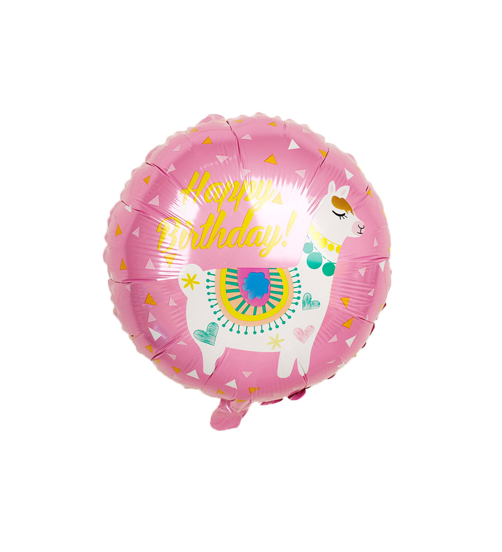 Fóliový balónek – Happy Birthday lama růžová, 45 cm