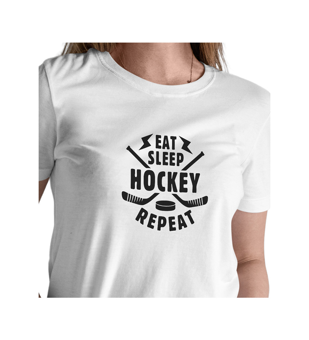 Dámské bílé tričko – Eat sleep hockey repeat