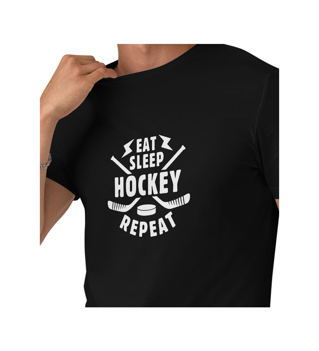 Pánské černé tričko – Eat sleep hockey repeat