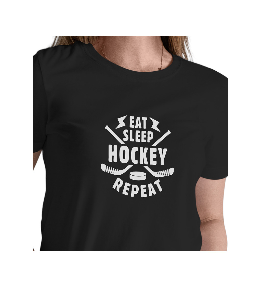 Dámské černé tričko – Eat sleep hockey repeat