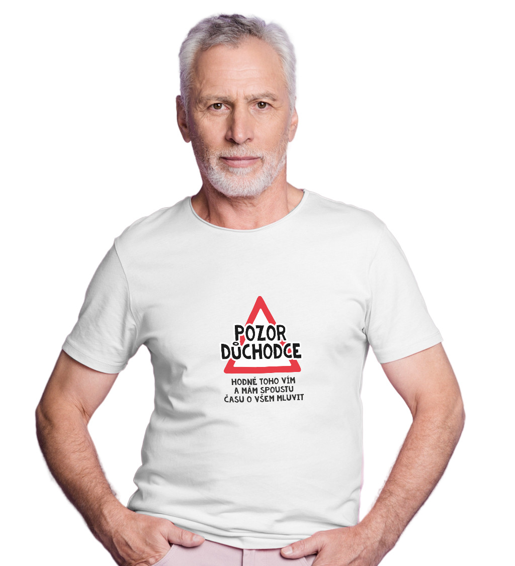 Pánské bílé tričko – Pozor důchodce