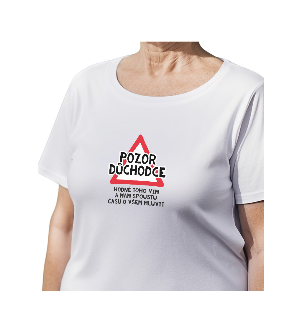 Dámské bílé tričko – Pozor důchodce