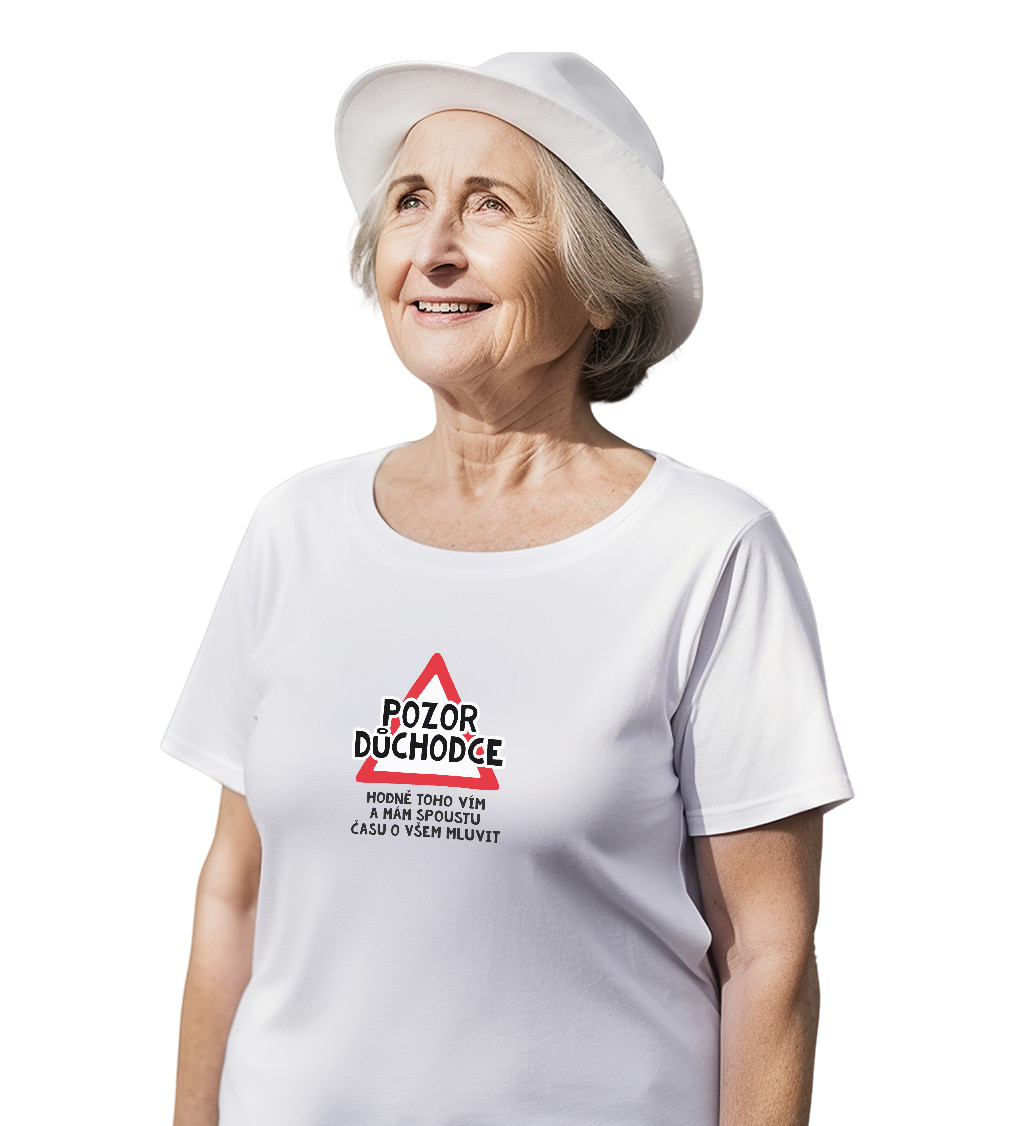 Dámské bílé tričko – Pozor důchodce