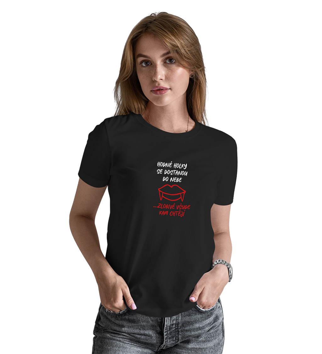 Dámské černé tričko – Hodné holky se dostanou do nebe