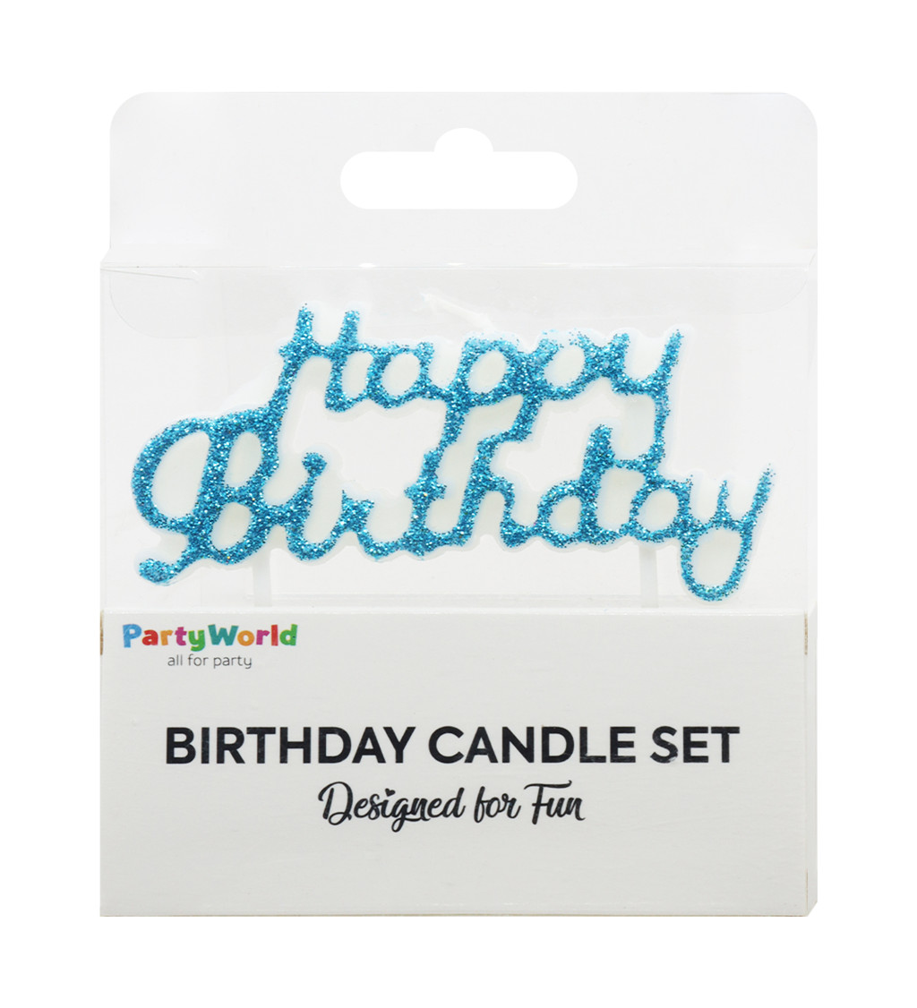 Třpytivá modrá svíčka – Happy Birthday