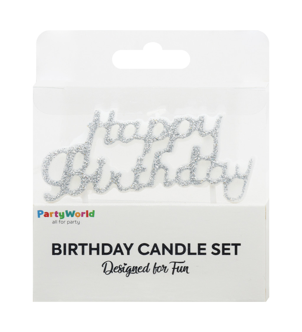 Třpytivá stříbrná svíčka – Happy Birthday