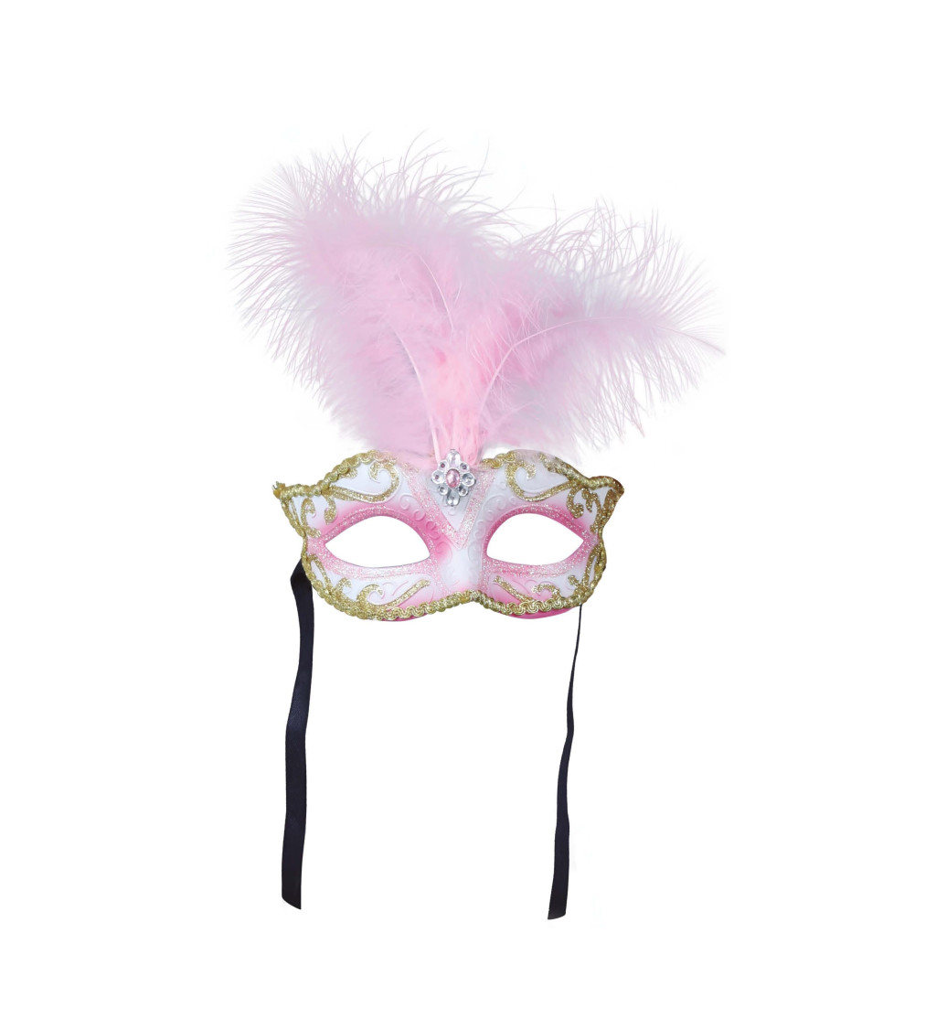 Růžová škraboška s růžovým peřím