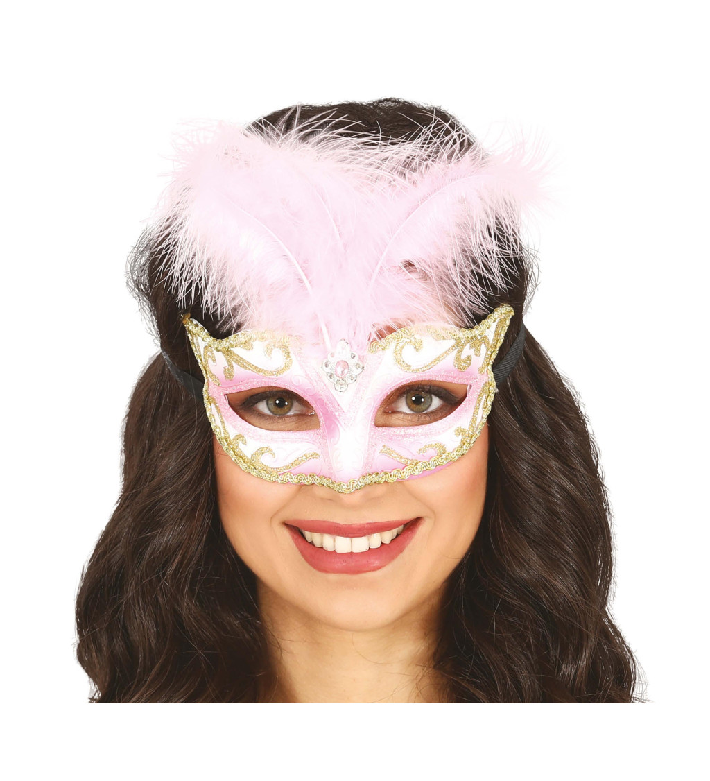 Růžová škraboška s růžovým peřím