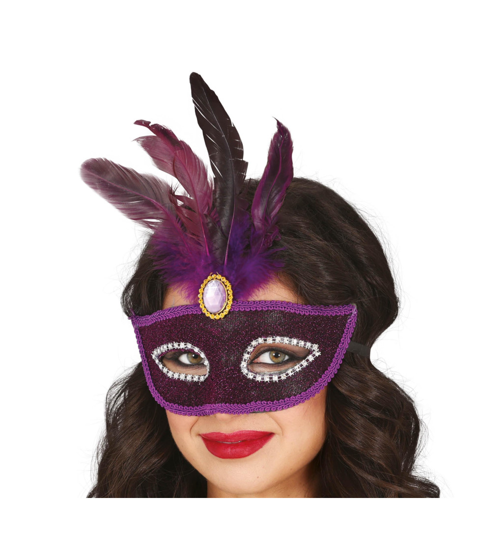 Fialová škraboška s fialovo-černým peřím