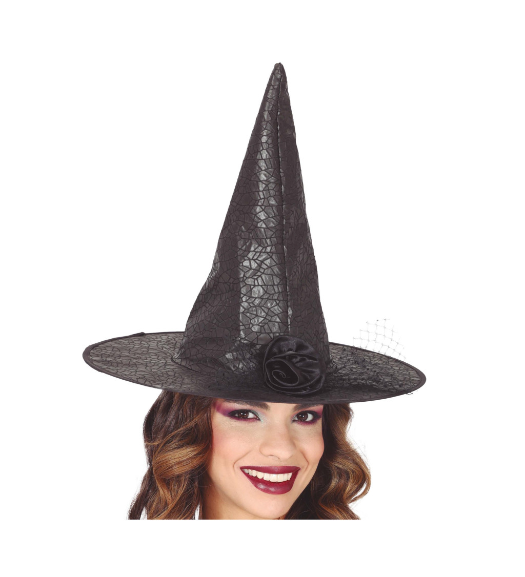 Stylový čarodějnický klobouk špičatý s květinou