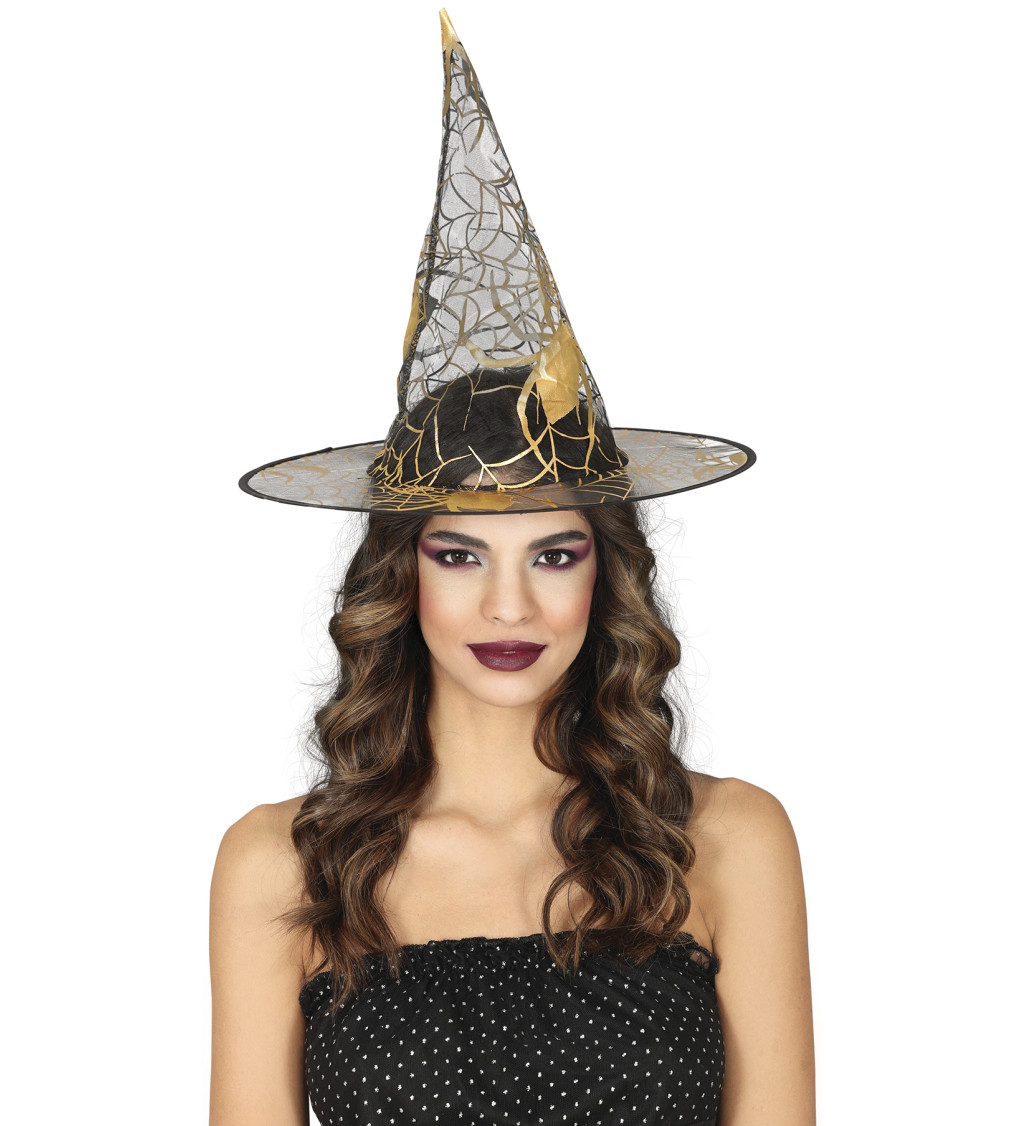 Průhledný čarodějnický klobouk se zlatým vzorem