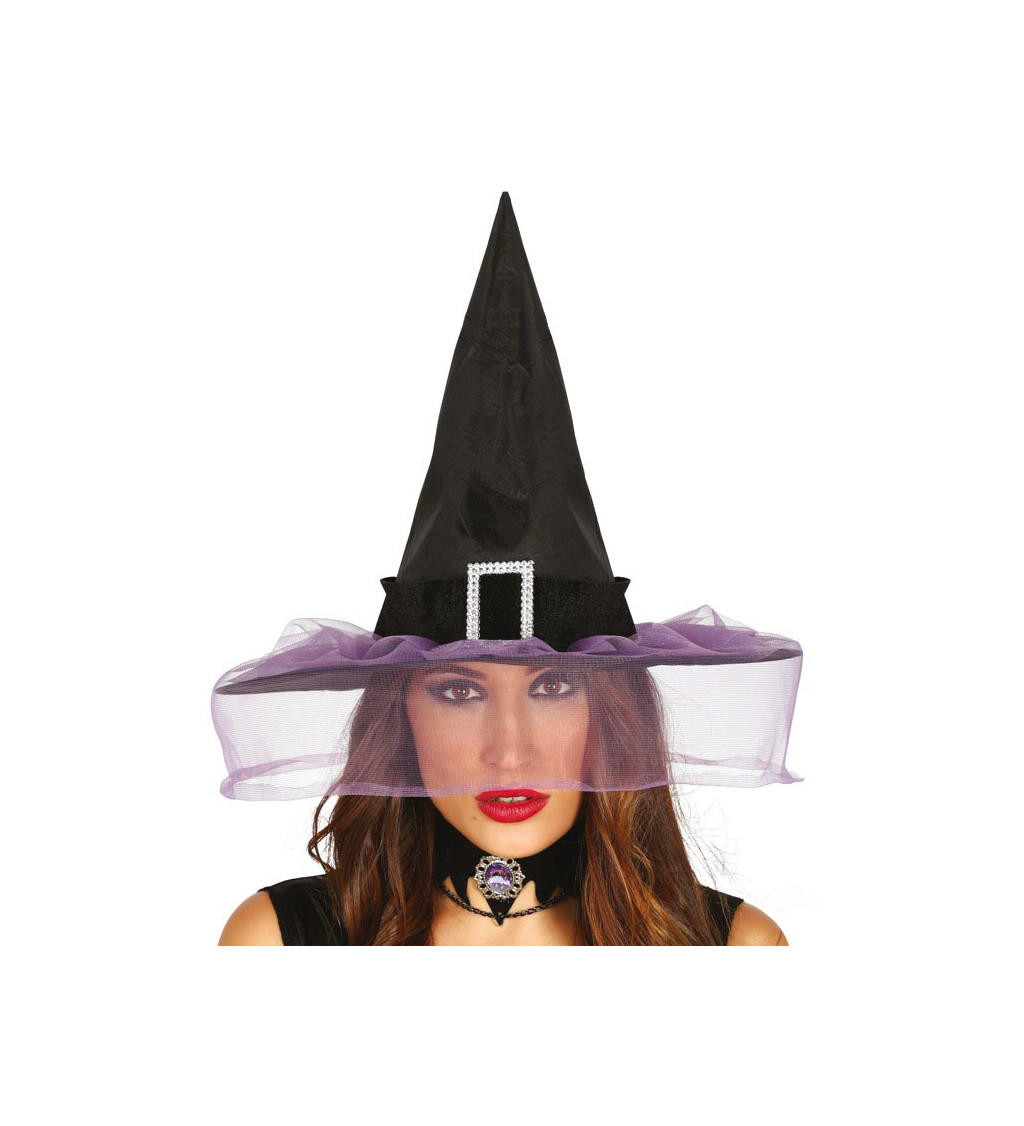 Magický černý klobouk s fialovým závojem