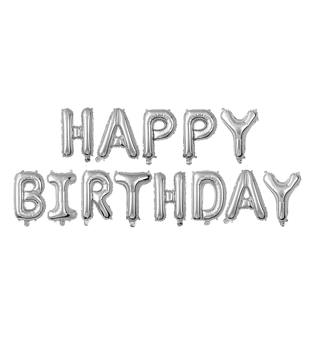 Fóliový balónek – Happy Birthday nápis stříbrný