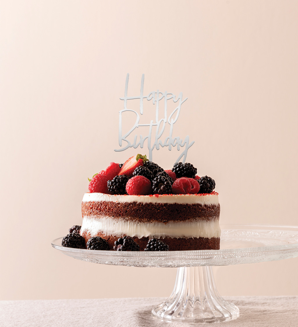 Stylový zápich do dortu Happy birthday stříbrný