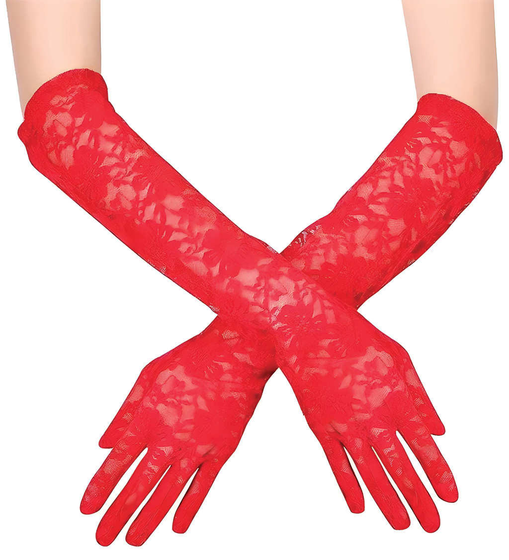 Elegantní dlouhé rukavice s krajkou v červené barvě