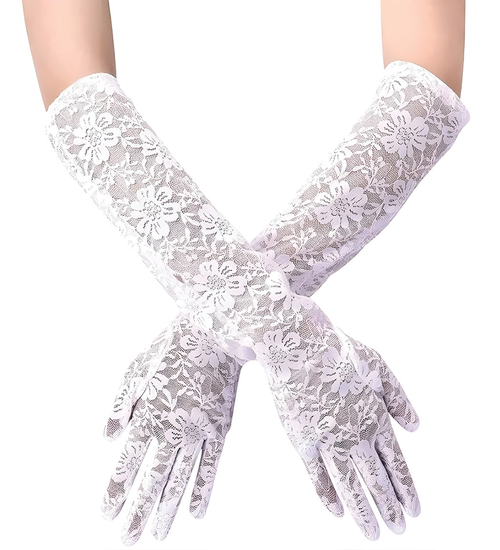 Elegantní dlouhé rukavice s krajkou v bílé barvě