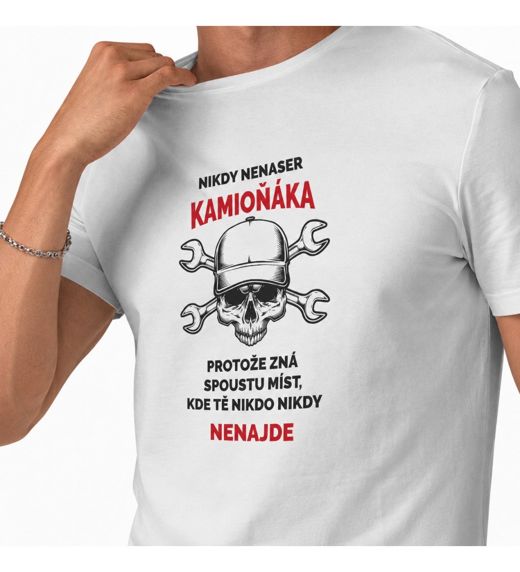 Pánské triko bílé - Nikdy nenaštvi kamioňáka