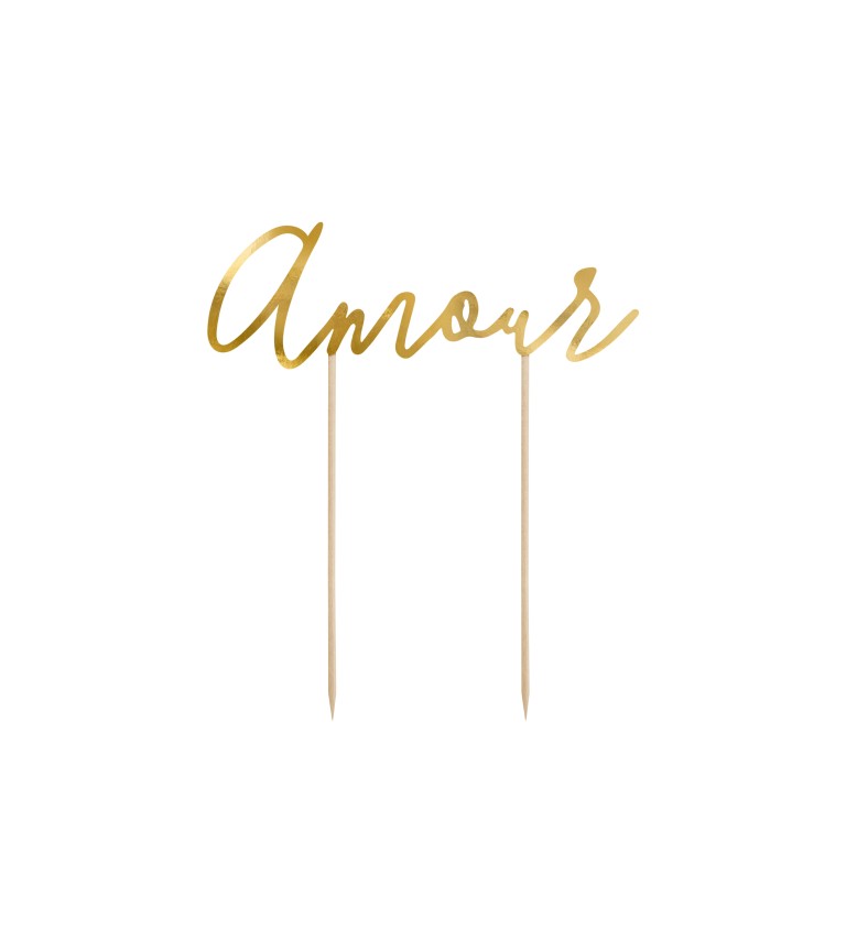 Zlatý nápis Amour - špejle na dort