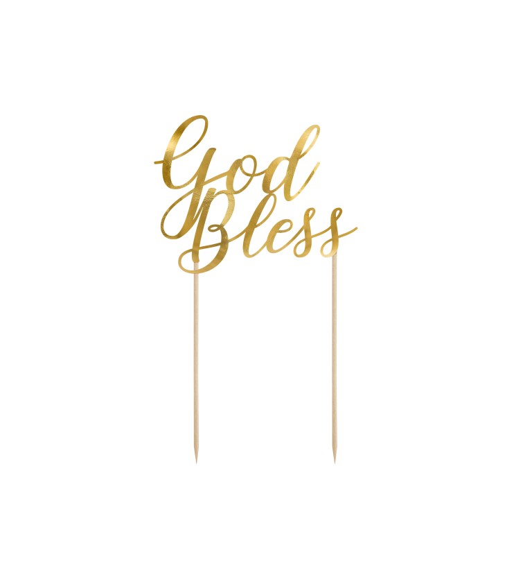 Zlatý nápis God Bless - špejle na dort