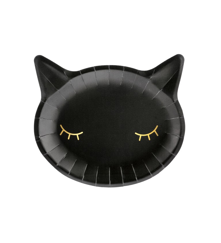 Černý papírový talíř ve tvaru kočky