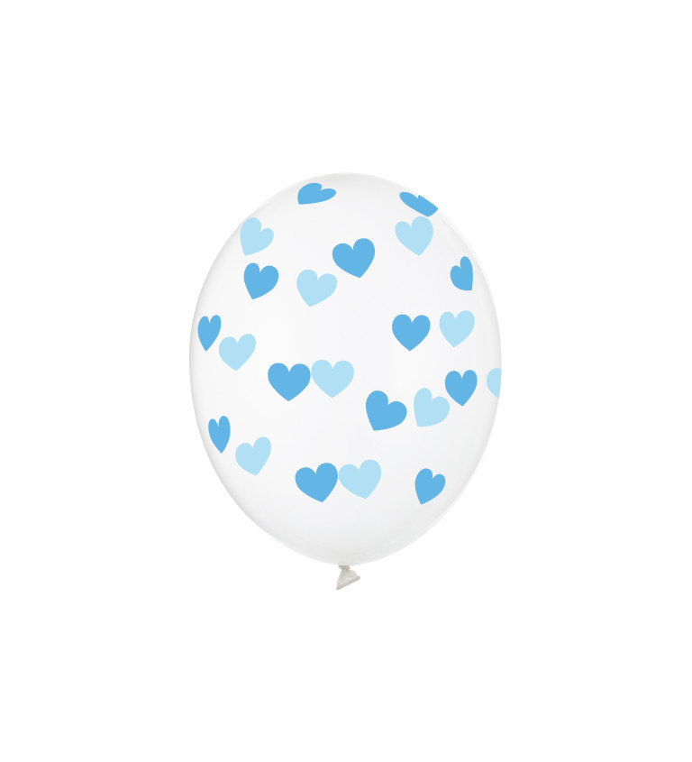 Průhledné latexové balónky s modrými srdci