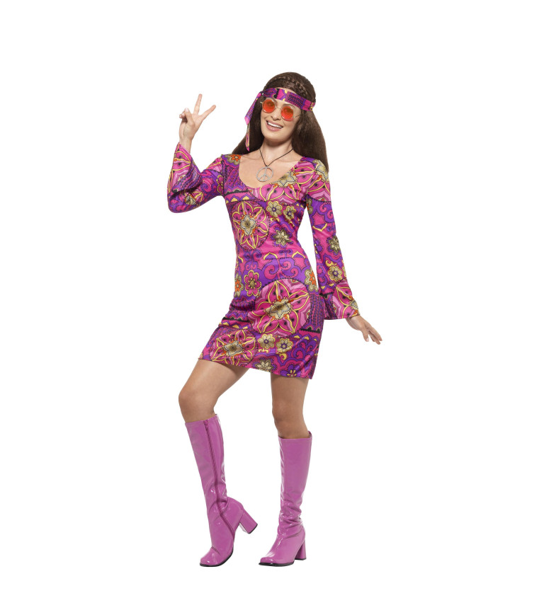 Růžové hippie šaty – dámský kostým