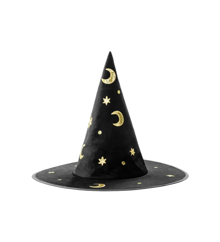Černý klobouk pro čarodějnici se zlatými motivy